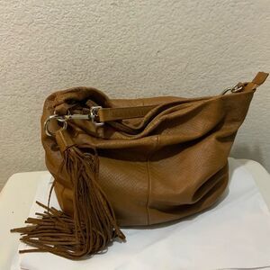 GIANNI CHIARINI Tan Leather Snakeskin Embossed Slouchy Bucket Bag